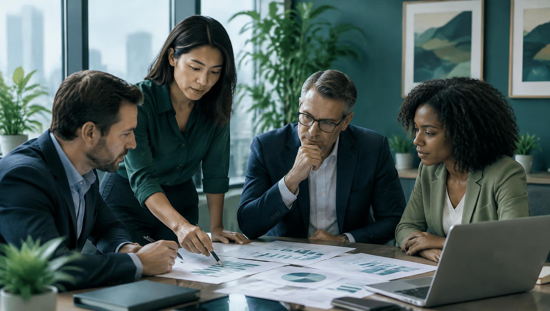 Consultores analisando relatórios estratégicos